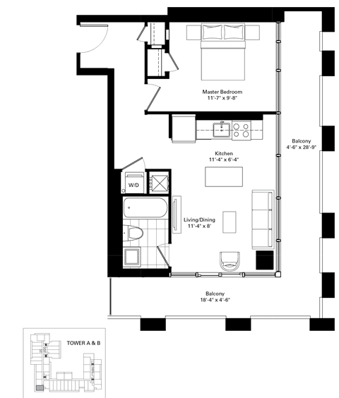 Floor plan for 1 bed, 1 bath, 550 sqft